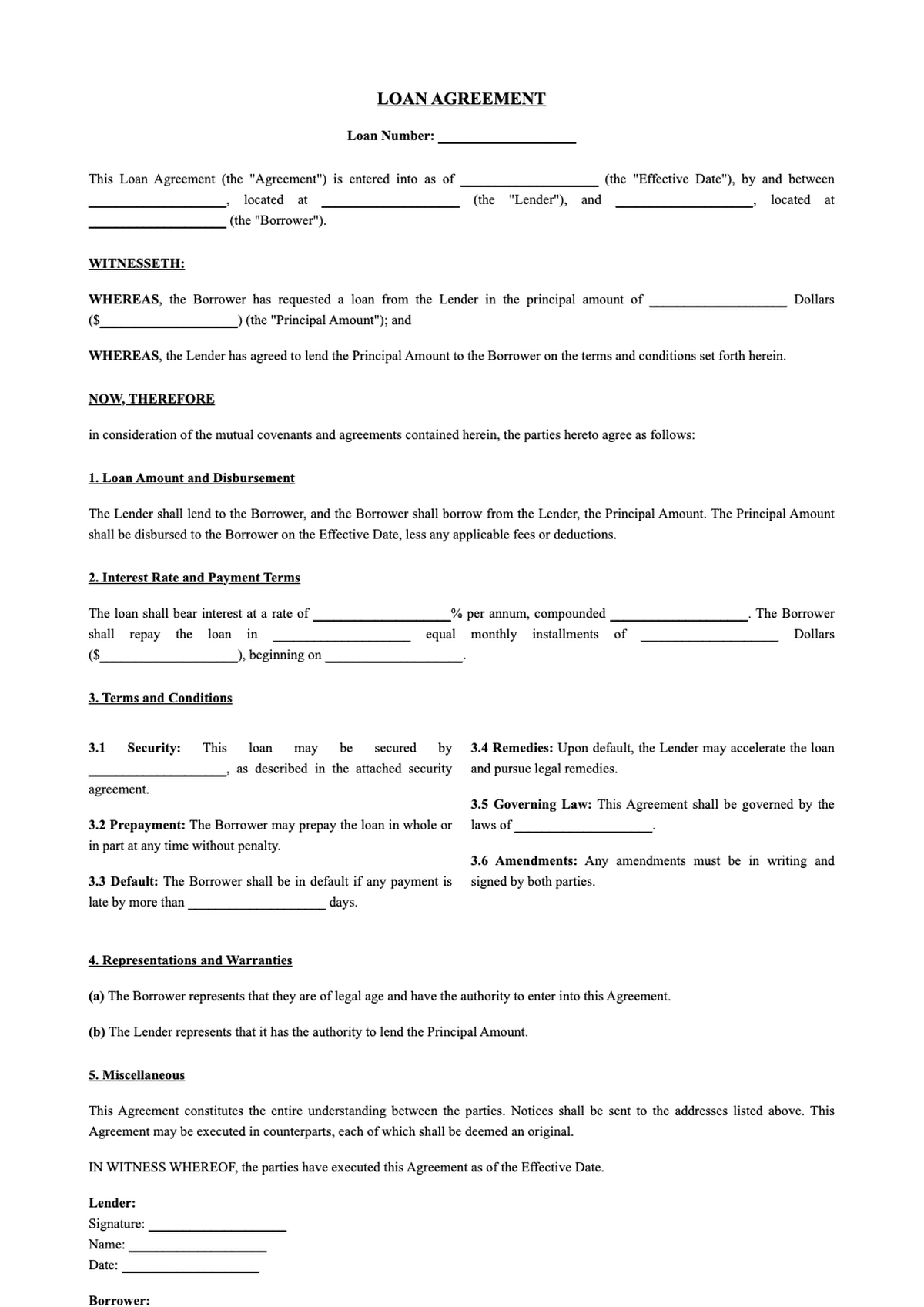 Loan Agreement Template with Fillable Fields for Lender and Borrower Details_variant_2